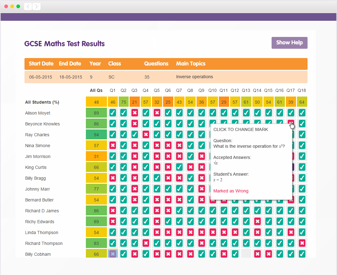 Screenshot of maths sample test restults